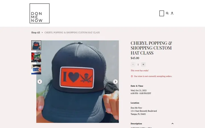 Website page titled CHERYL POPPING & SHOPPING CUSTOM HAT CLASS | DONMENOW