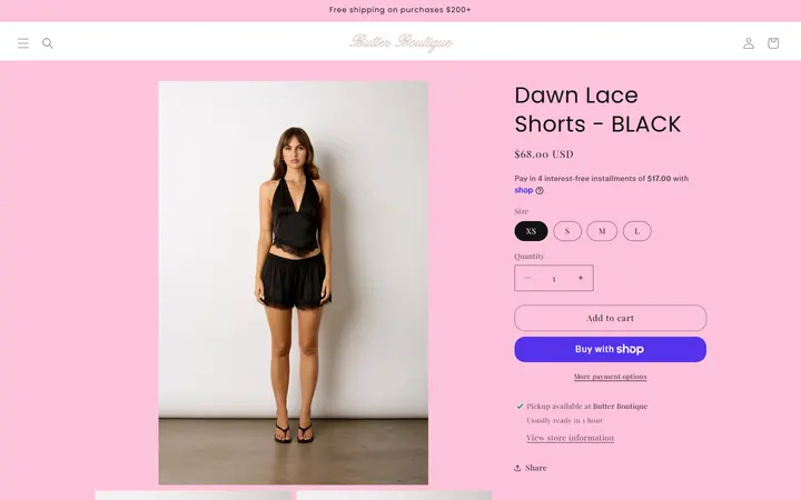 Website page titled Dawn Lace Shorts - BLACK – BUTTER