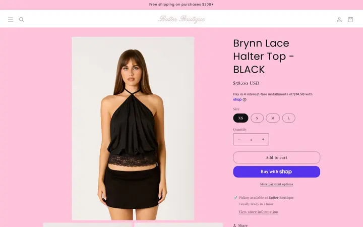 Website page titled Brynn Lace Halter Top - BLACK – BUTTER