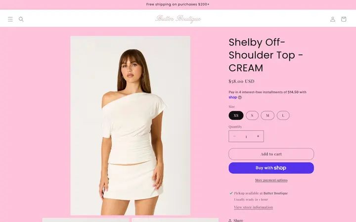 Website page titled Shelby Off-Shoulder Top - CREAM – BUTTER