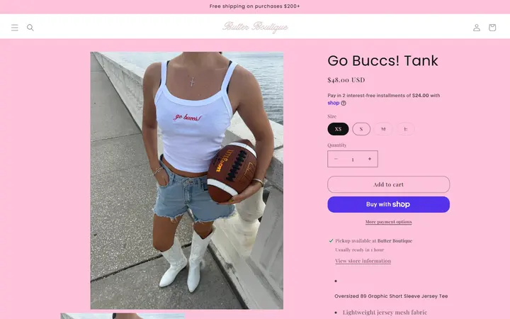 Website page titled Go Buccs! Tank – BUTTER
