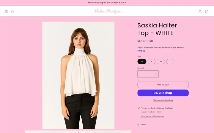 Website page titled Saskia Halter Top - WHITE – BUTTER