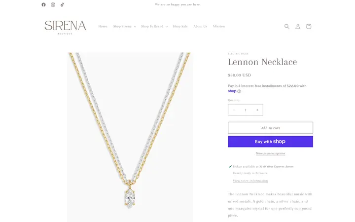 Website page titled Lennon Necklace – Sirena Boutique