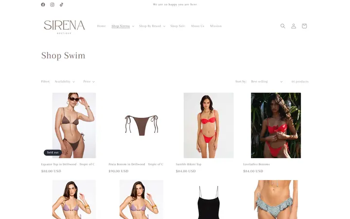 Website page titled Shop Swim – Sirena Boutique