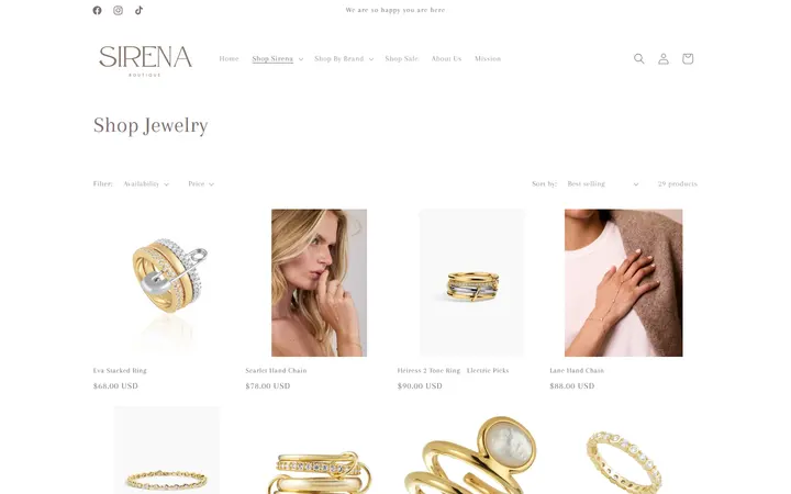 Website page titled Shop Jewelry – Sirena Boutique