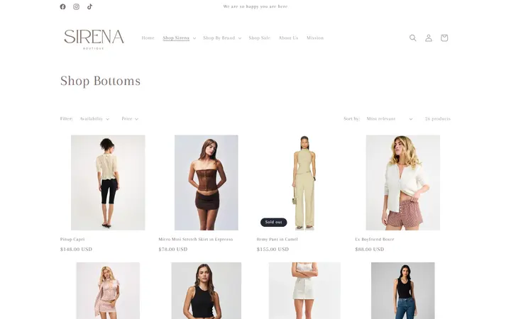 Website page titled Shop Bottoms – Sirena Boutique
