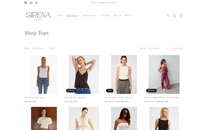 Website page titled Shop Tops – Sirena Boutique
