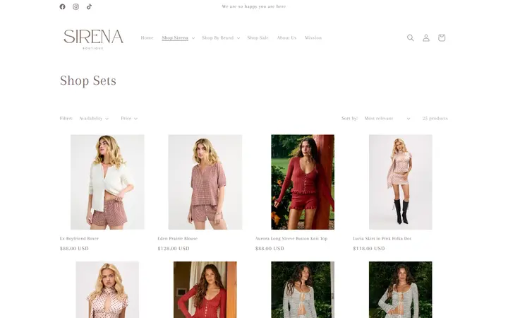 Website page titled Shop Sets – Sirena Boutique
