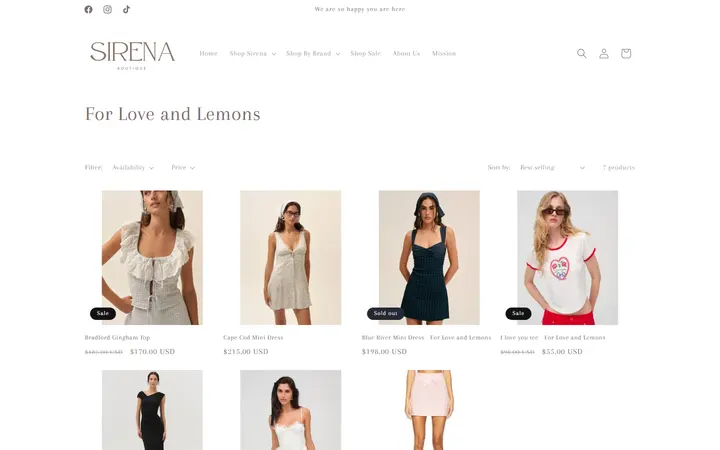 Website page titled For Love and Lemons – Sirena Boutique