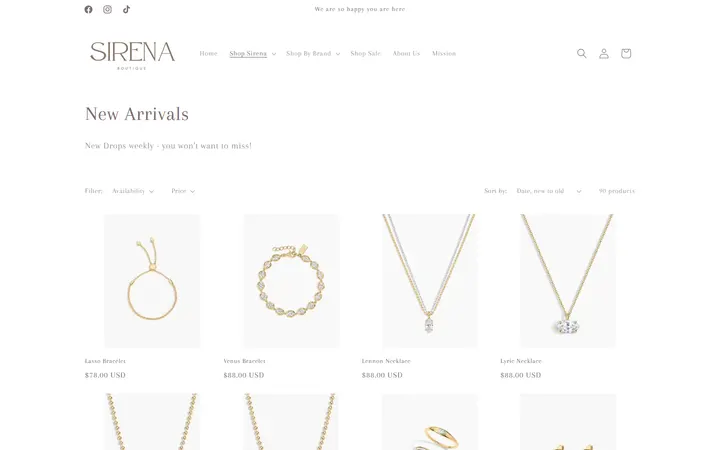 Website page titled New Arrivals – Sirena Boutique