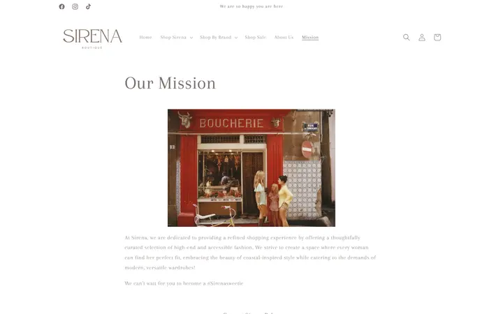 Website page titled Our Mission – Sirena Boutique