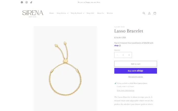 Website page titled Lasso Bracelet – Sirena Boutique