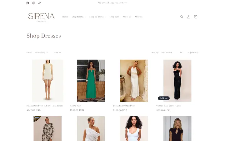 Website page titled Shop Dresses – Sirena Boutique