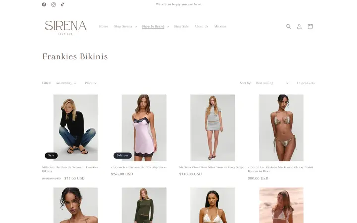 Website page titled Frankies Bikinis – Sirena Boutique