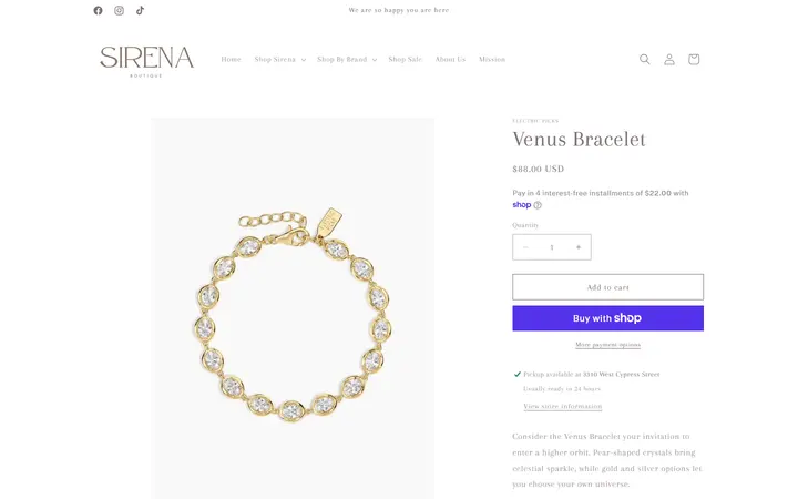 Website page titled Venus Bracelet – Sirena Boutique