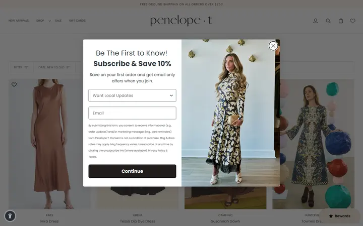 Website page titled DRESSES – Penelope T