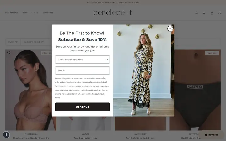 Website page titled LINGERIE AND SWIM – Penelope T