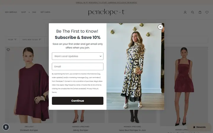 Website page titled JUMPSUITS ROMPERS – Penelope T