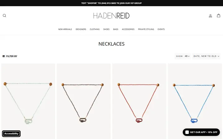 Website page titled Necklaces