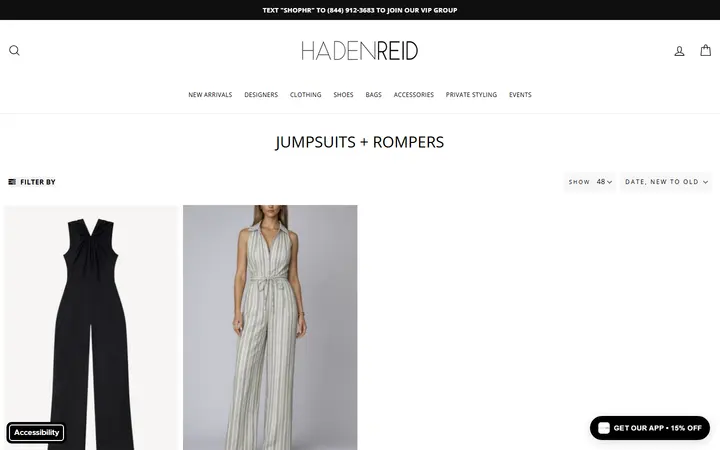Website page titled Jumpsuits + Rompers