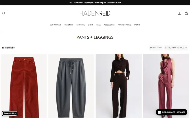 Website page titled Pants + Leggings