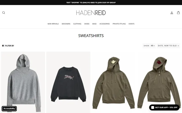 Website page titled SWEATSHIRTS