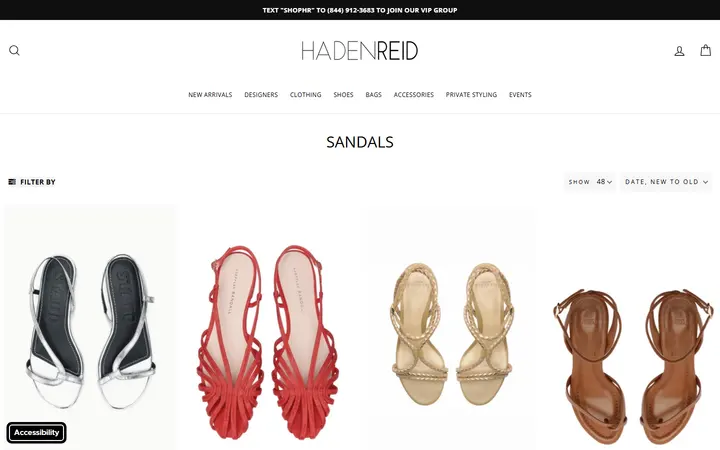 Website page titled Sandals