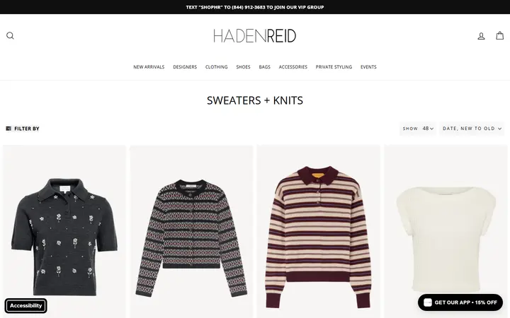 Website page titled Sweaters + Knits