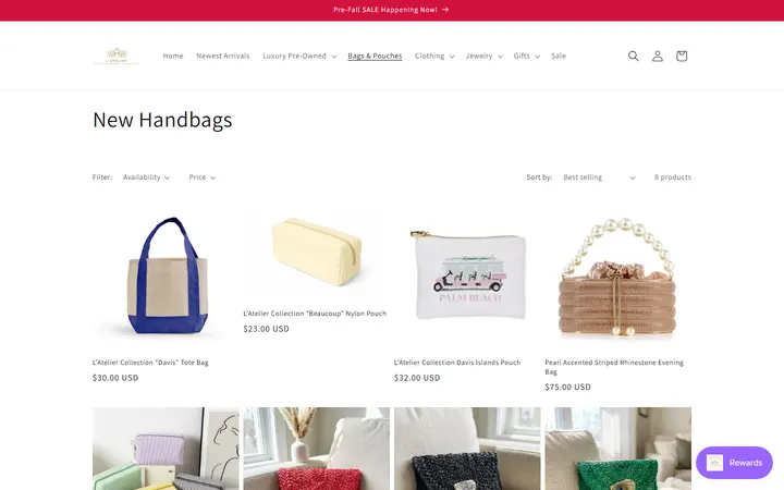 Website page titled New Handbags – L' Atelier Luxury Boutique