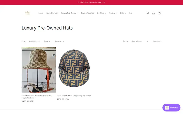 Website page titled Luxury Pre-Owned Hats – L' Atelier Luxury Boutique