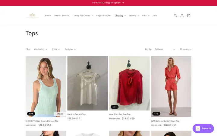 Website page titled Tops – L' Atelier Luxury Boutique