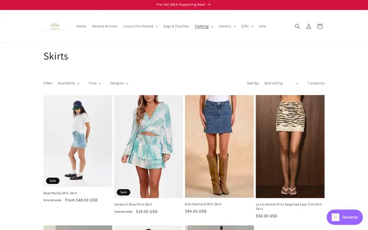 Website page titled Skirts – L' Atelier Luxury Boutique
