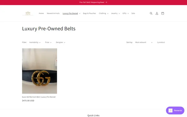 Website page titled Luxury Pre-Owned Belts – L' Atelier Luxury Boutique