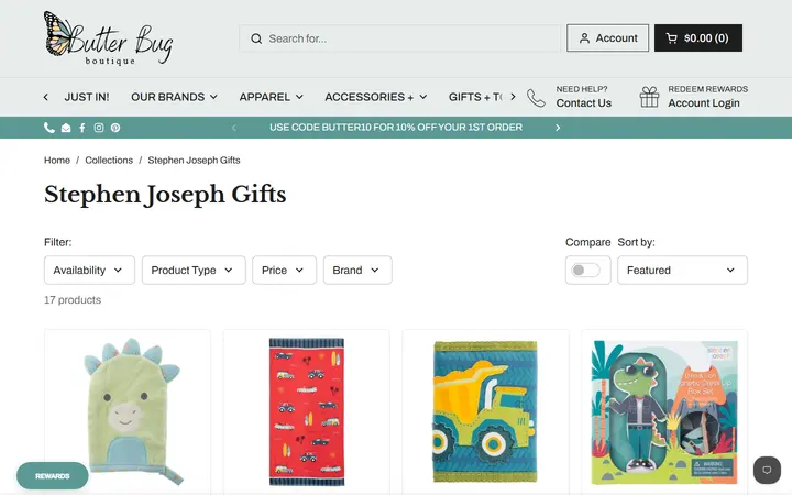 Website page titled Stephen Joseph Gifts – Butterbugboutique