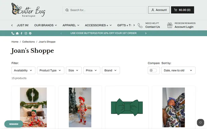 Website page titled Joan's Shoppe – Butterbugboutique