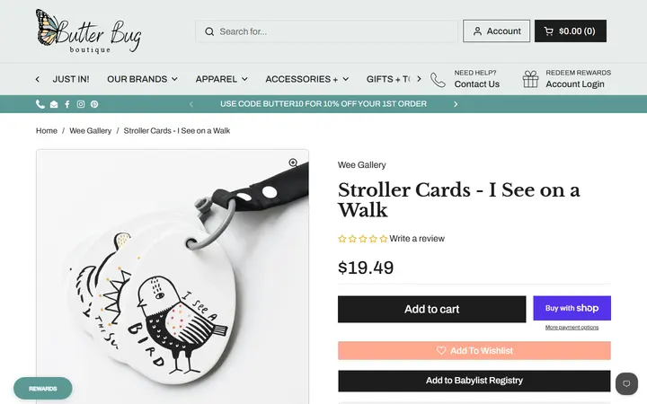 Website page titled Stroller Cards - I See on a Walk - Wee Gallery – Butterbugboutique