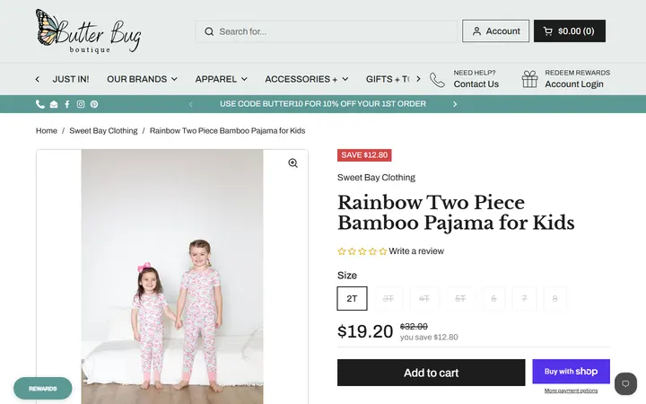 Website page titled Sweet Bay Clothing - Rainbow Two Piece Pajama – Butterbugboutique