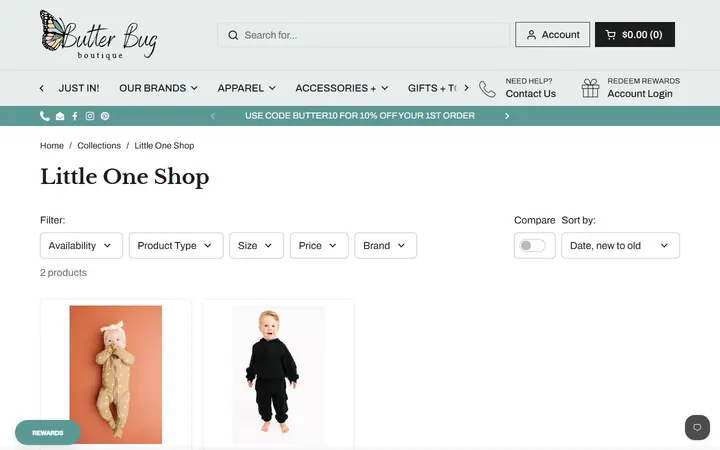 Website page titled Little One Shop – Butterbugboutique