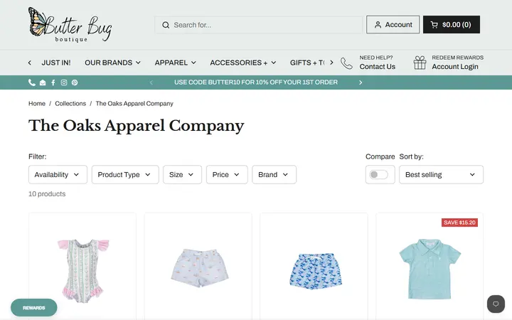 Website page titled The Oaks Apparel Company – Butterbugboutique