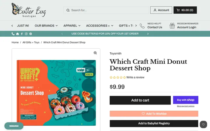 Website page titled Which Craft Mini Donut Dessert Shop – Butterbugboutique