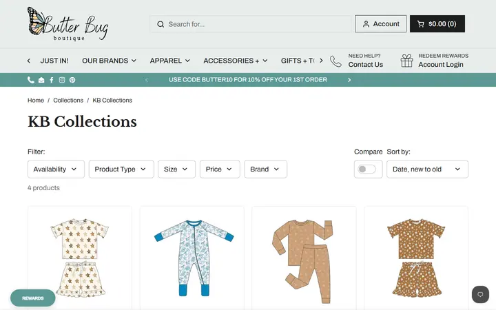 Website page titled KB Collections – Butterbugboutique