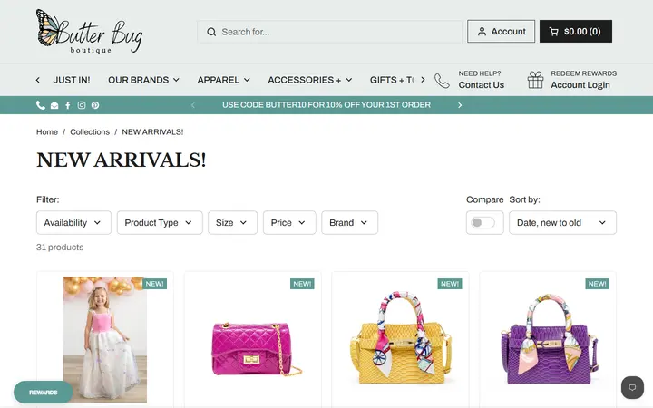 Website page titled New Arrivals | Butter Bug Boutique – Butterbugboutique