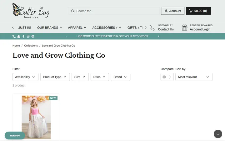 Website page titled Love and Grow Clothing Co – Butterbugboutique