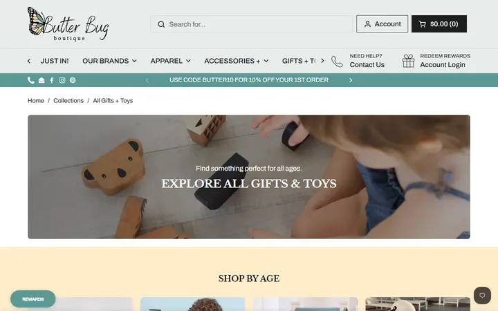 Website page titled All Gifts + Toys – Butterbugboutique