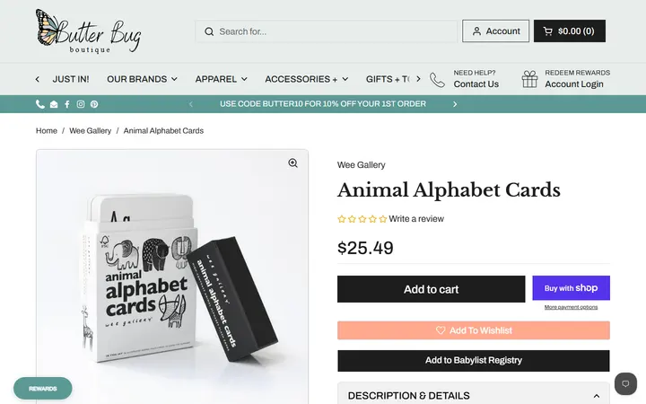 Website page titled Animal Alphabet Cards - Wee Gallery – Butterbugboutique
