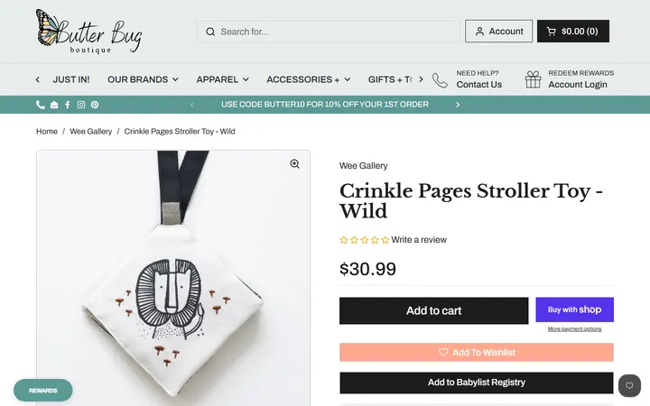 Website page titled Crinkle Pages Stroller Toy - Wild - Wee Gallery – Butterbugboutique