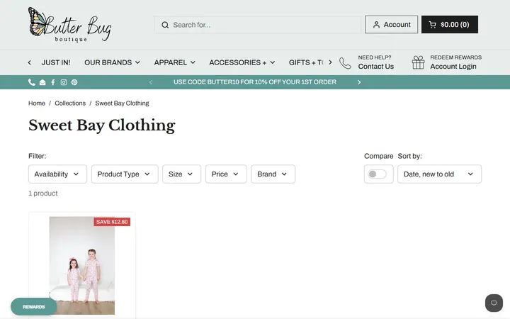 Website page titled Sweet Bay Clothing – Butterbugboutique