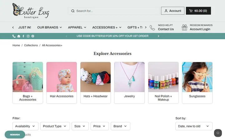 Website page titled All Accessories+ – Butterbugboutique