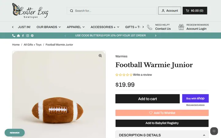 Website page titled Football Warmie Junior – Butterbugboutique