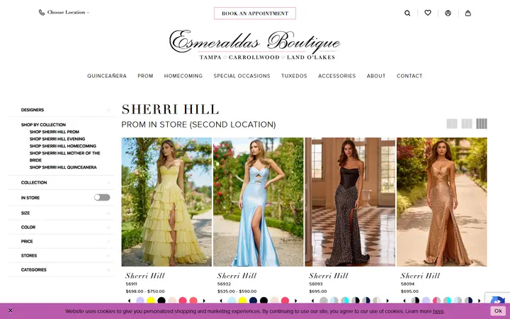 Website page titled Sherri Hill Prom In Store (Second Location) Prom Dresses | Esmeralda's Boutique